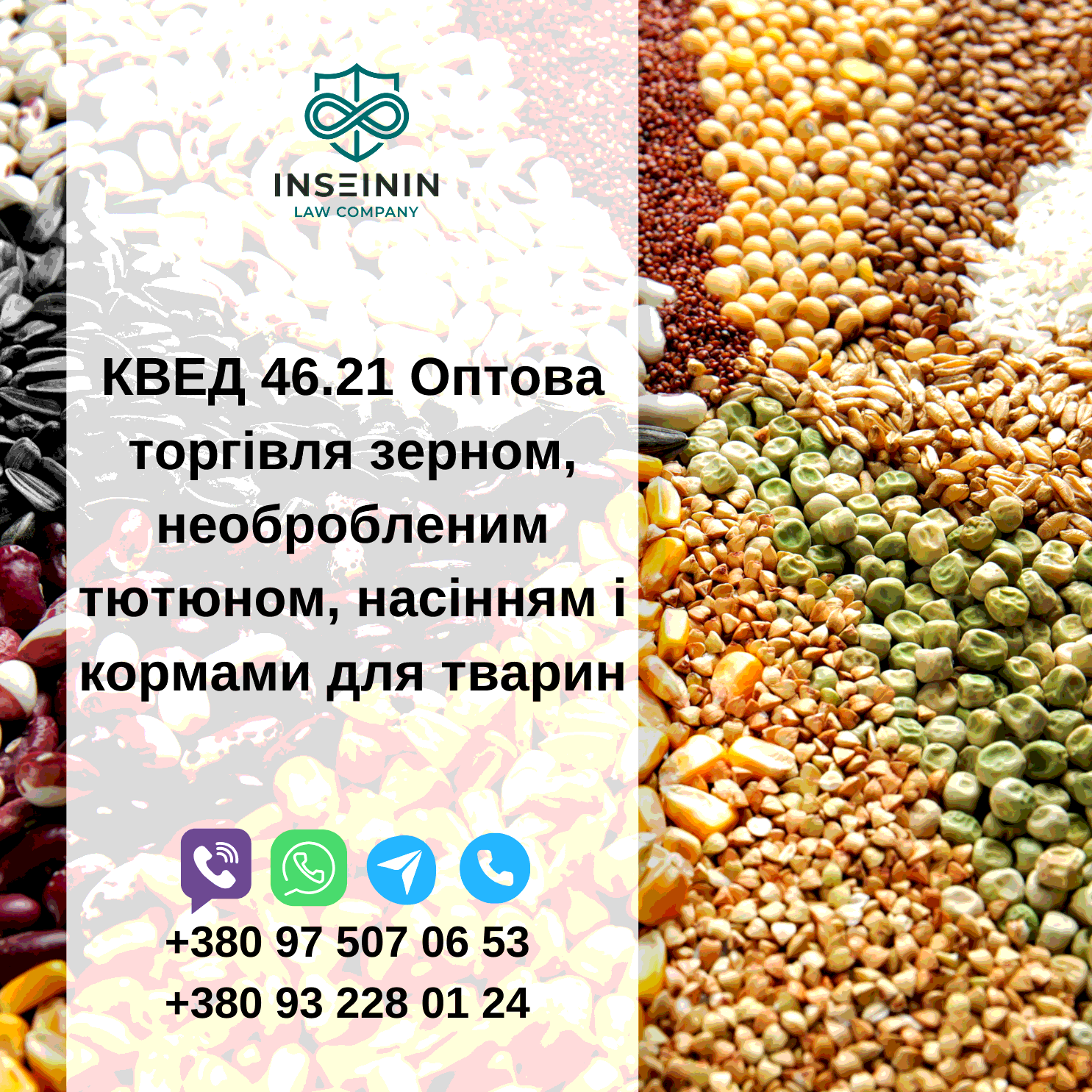 КВЕД 46.21 Оптова торгівля зерном, необробленим тютюном, насінням і кормами для тварин