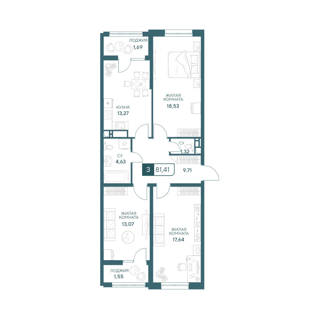 3-комнатная 81,41 м²