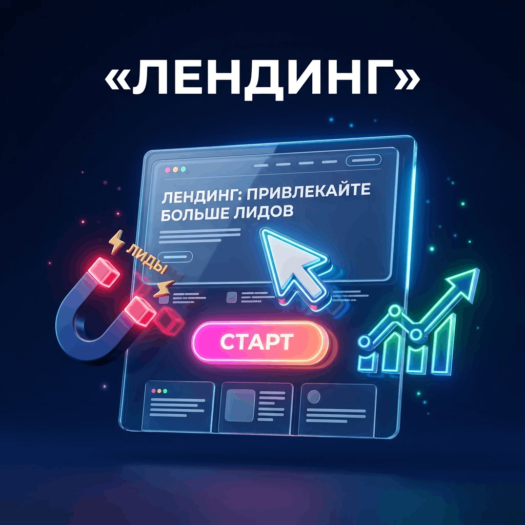Стеклянная 3D-модель одностраничного сайта под рекламу с графиком конверсии и надписью ЛЕНДИНГ от агентства MAST Digital