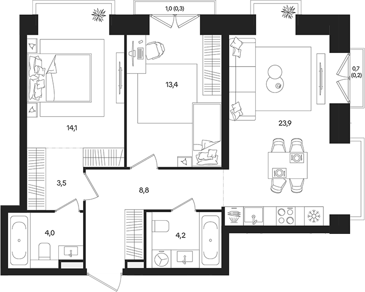 3‑комн квартира ~80 м²