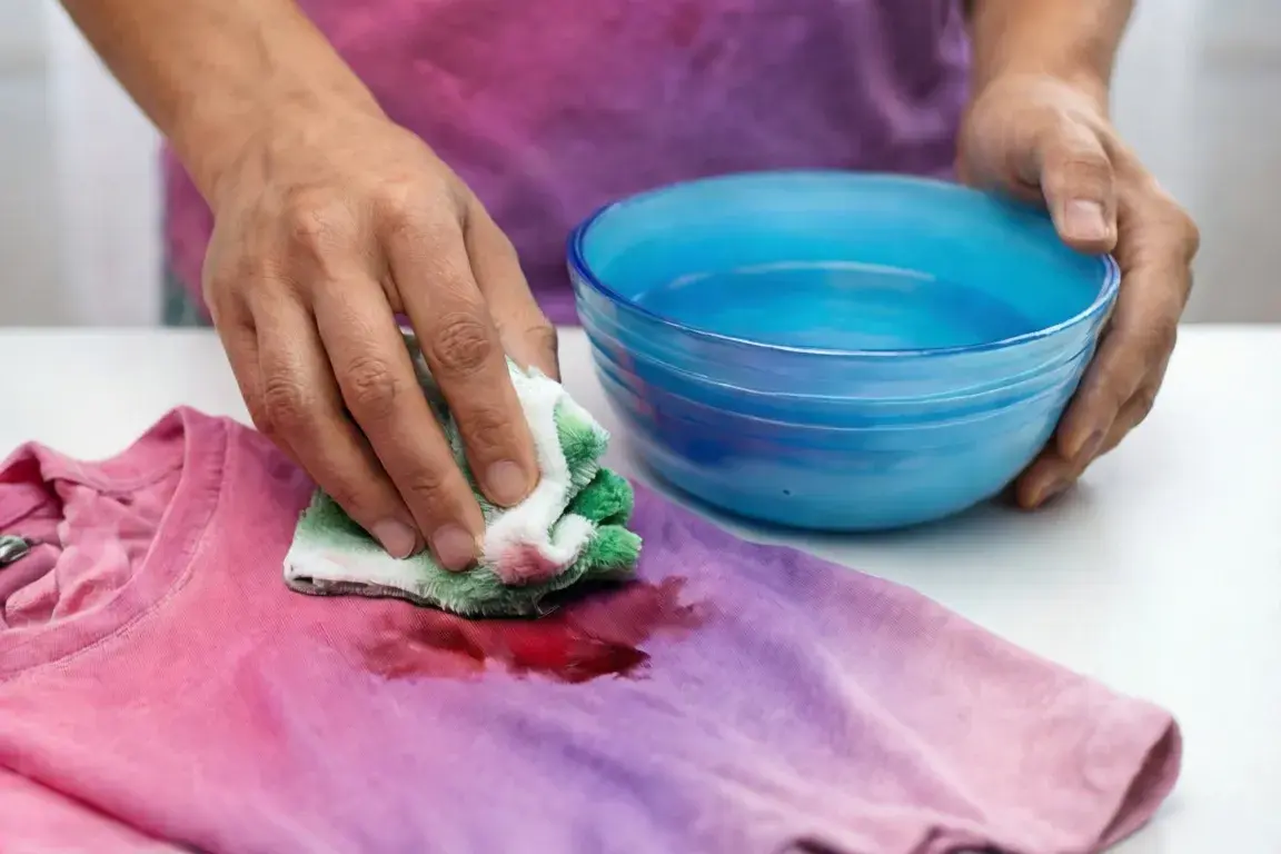 Close-up of a person pre-treating a stain on a cotton shirt with a soft cloth and bowl of water, showing step-by-step stain care without any product branding