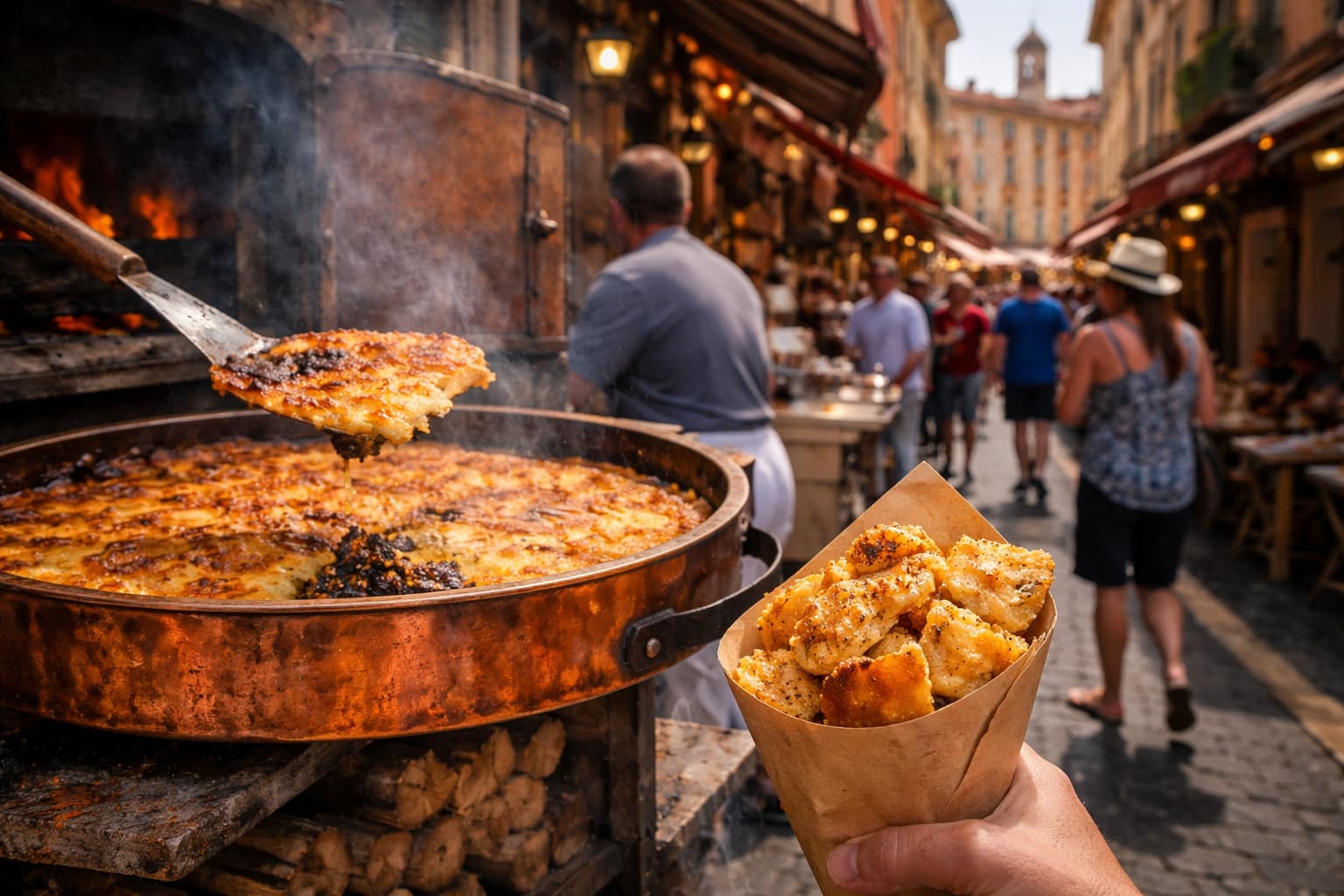 Socca в Старом городе Ниццы — традиционная уличная еда из нутовой муки, приготовленная в медной печи на рынке Cours Saleya