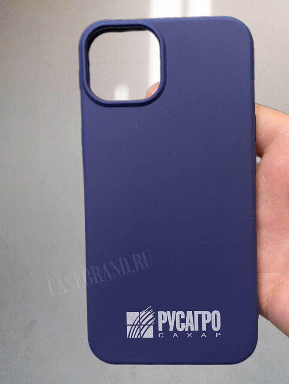 Брендированные синие Soft-Touch чехлы для iPhone с нанесением печати логотипа РУСАГРО на заказ в Casebrand