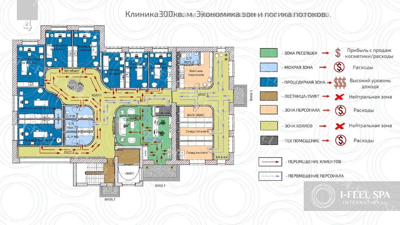 Схема экономики зон и логики потоков клиники 300 кв. м