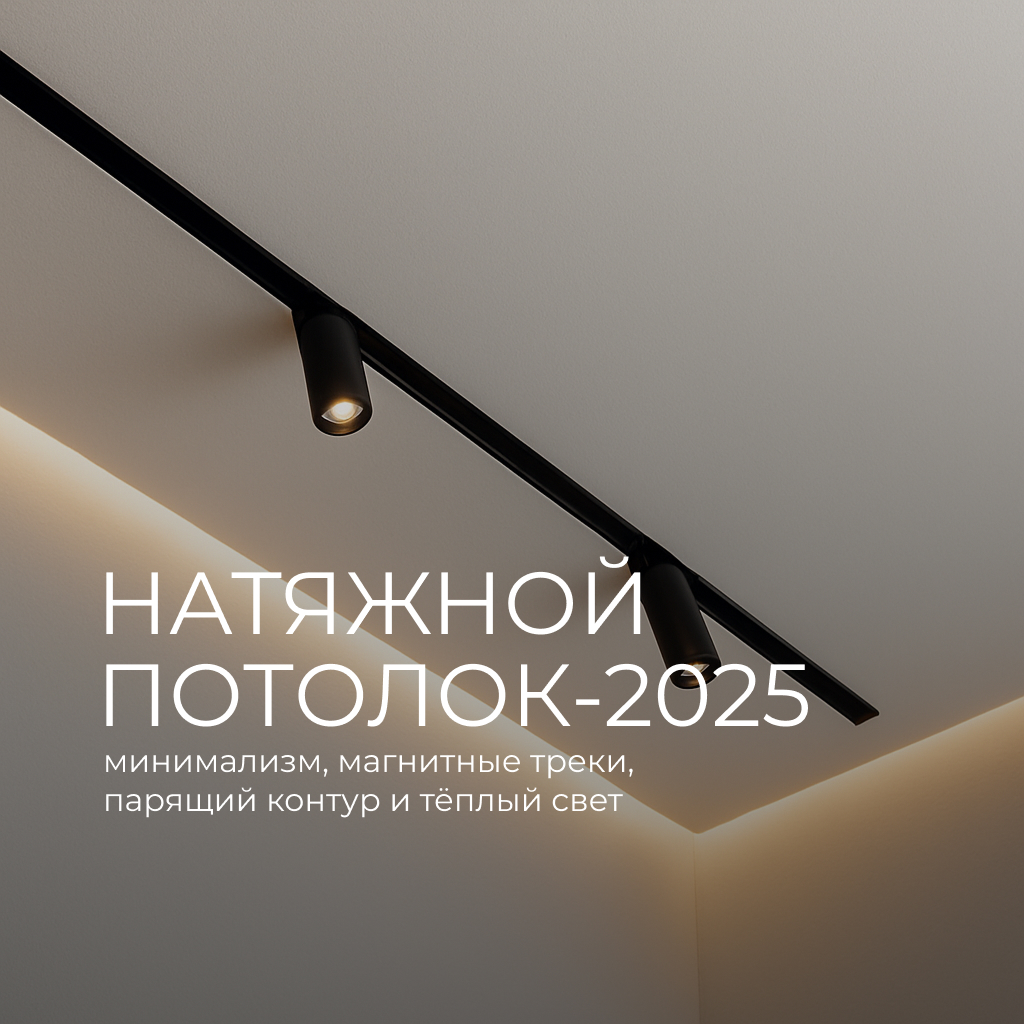 Натяжной потолок-2025 с утопленным магнитным треком и двумя черными спотами, подчёркнутый тёплой парящей подсветкой по периметру