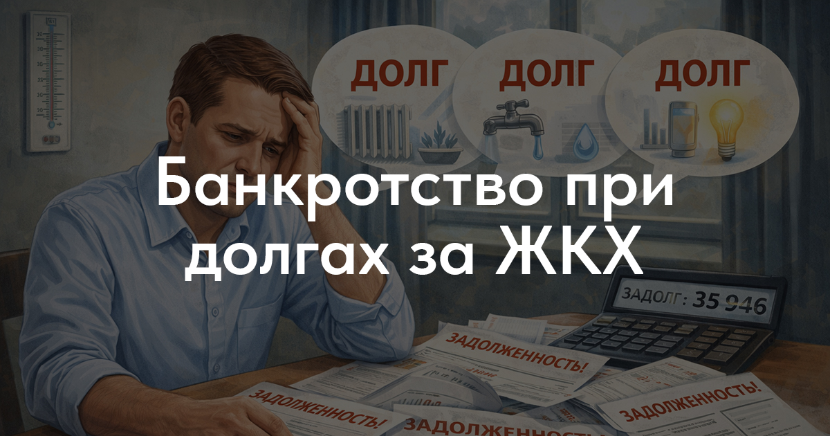 Иллюстрация банкротства при долгах по ЖКХ: квитанции, дом и перечёркнутый долг.