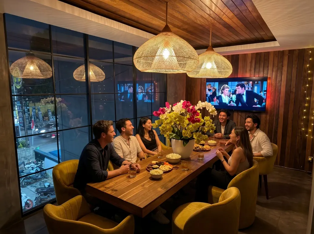 Friends gathered around a beautiful wooden dining table at Eden Uluwatu, offering a stunning private venue for those wondering where to watch a movie in Bali.