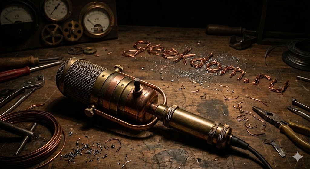 Винтажный угольный микрофон на деревянном столе мастера