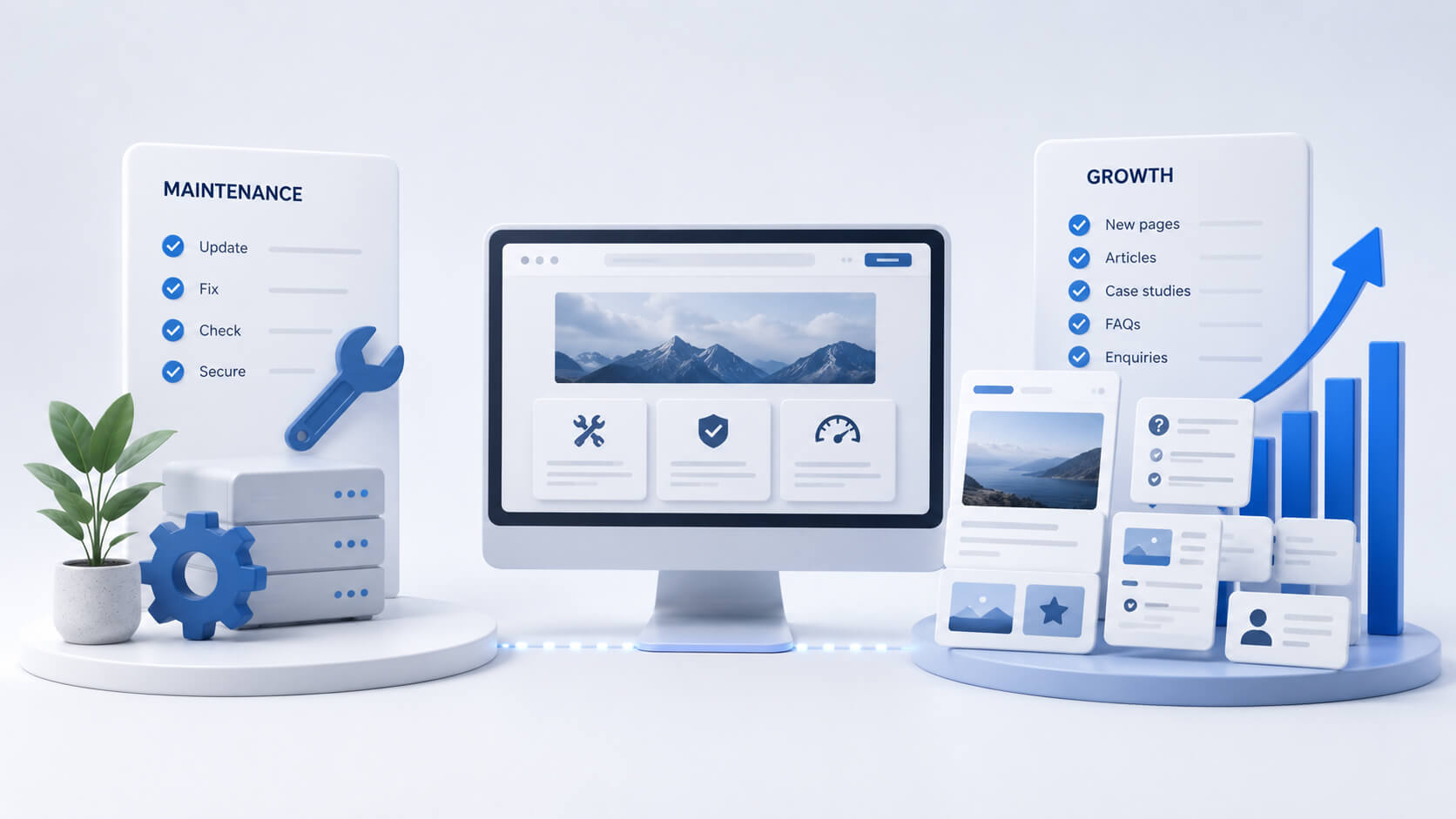 Abstract website support concept showing maintenance tasks and website growth improvements for a small business site