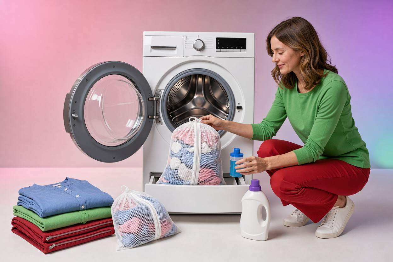 Person loading a front-loading washing machine, placing delicates into a mesh bag and measuring detergent with a dosing cap, zipped pockets and secured buttons
