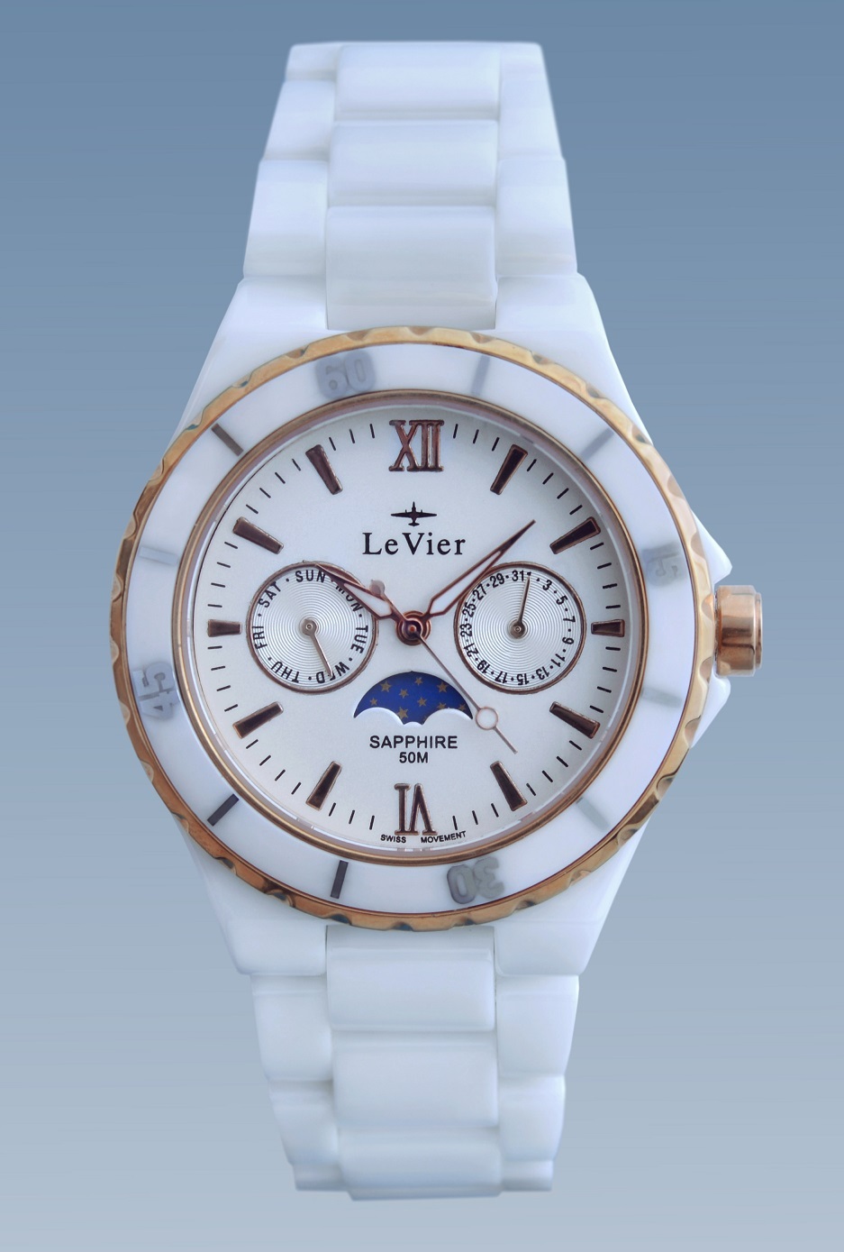 Купить Мужские керамические часы с лунным календарем LeVier L 7517 M Wh