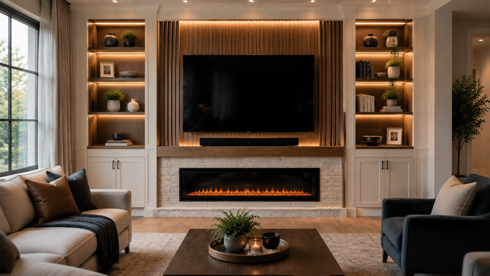 Premium custom media wall with built-in cabinets, illuminated shelves, wood slats, mounted TV, and linear electric fireplace.