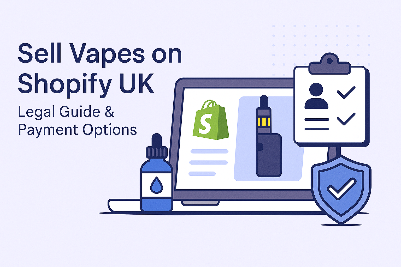 Flat-style digital illustration of a Shopify vape store dashboard with vape products, secure checkout icons, and age verification popups—optimized for UK compliance.