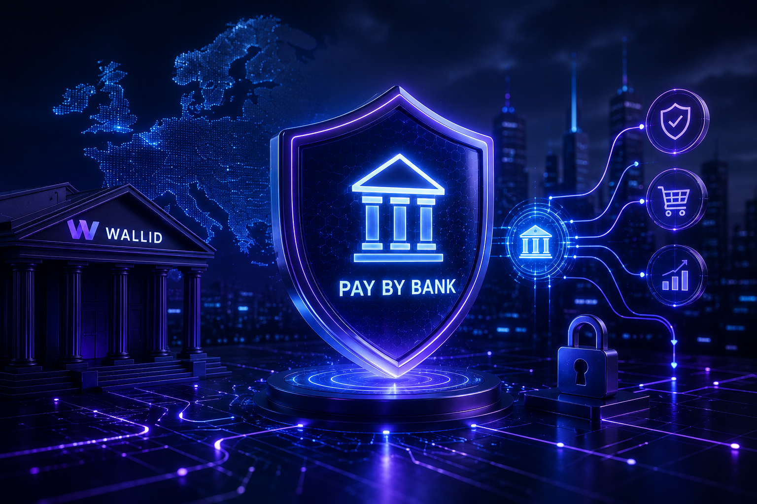 Futuristic digital payment infrastructure concept showing Pay by Bank technology protecting a high-risk ecommerce business from payment processor shutdowns, frozen payouts, chargebacks, and account terminations through secure direct bank payments.
