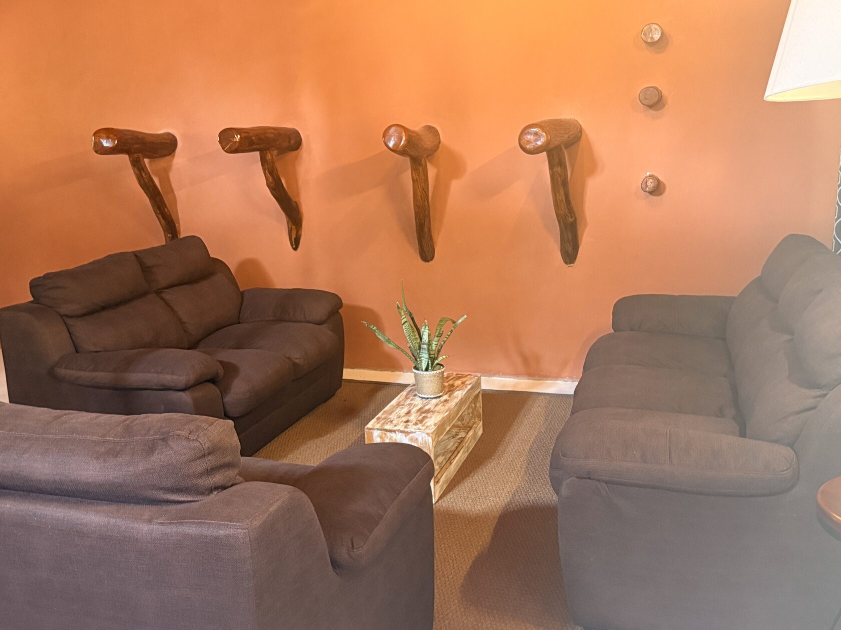 Warm, softly lit interior seating area at Vonfidel Ranch featuring leather lounge chairs, natural wood furnishings, curated wall décor, and a calm, understated atmosphere reflecting the ranch’s low-volume hospitality philosophy.