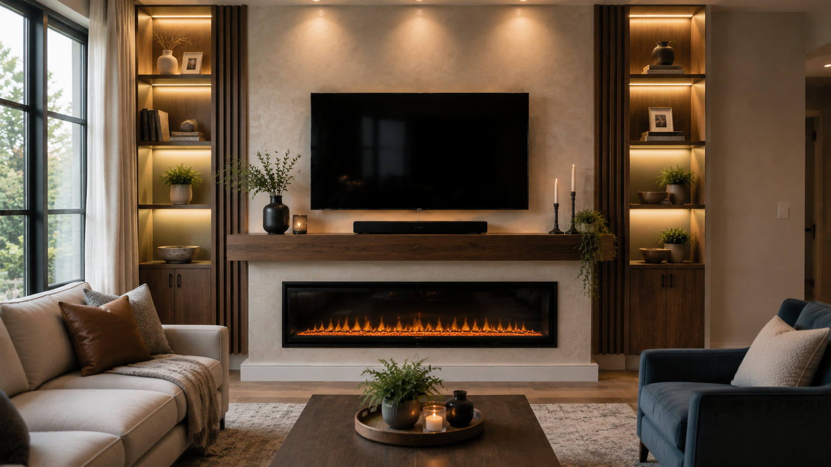 Custom fireplace media wall with a mounted TV, linear electric fireplace, walnut mantel, illuminated shelving, and plaster finish.
