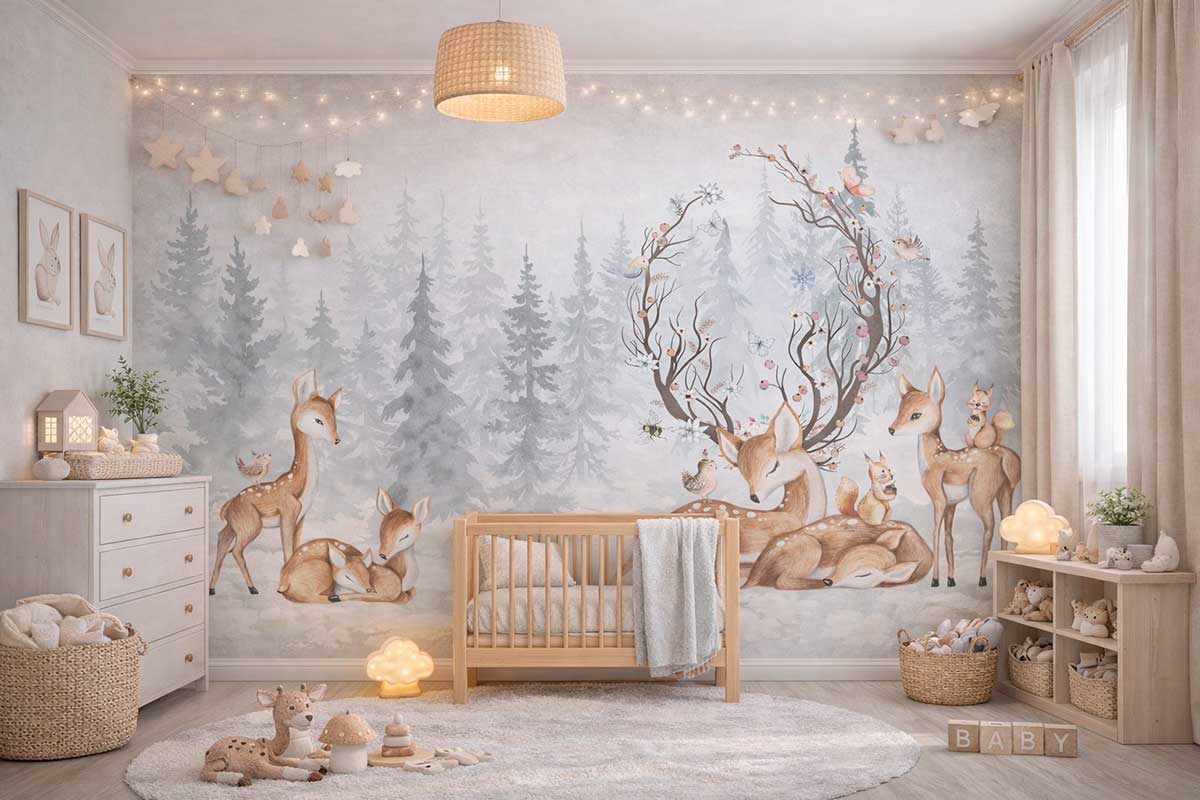 серые фотообои в детскую, обои с оленями в серых тонах, серый лес на стене, спокойные серые обои для детской, нейтральный лесной принт, обои в детскую в серо-природной гамме
