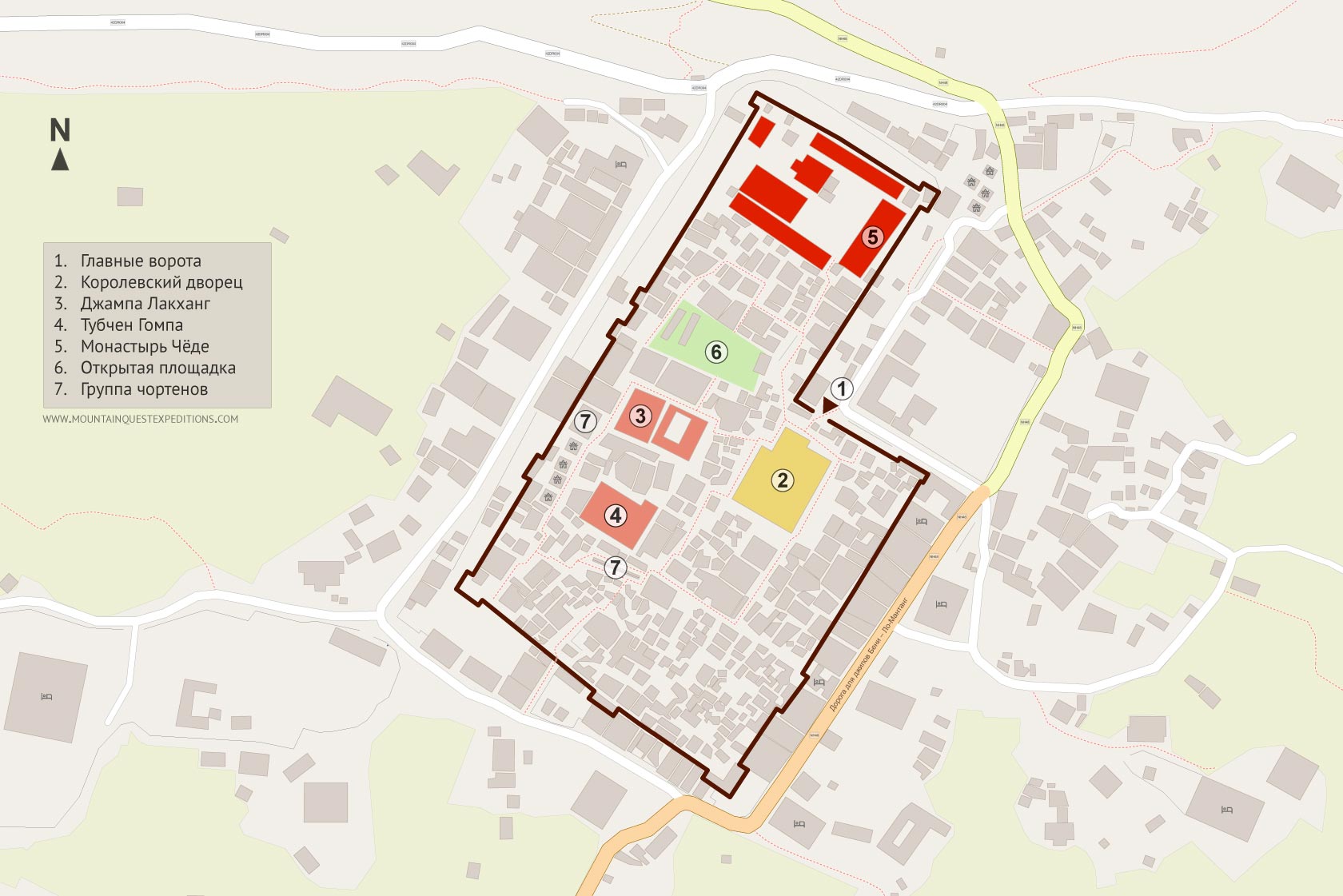 Схема Ло-Мантанга с обозначением монастыря Чёде и ключевых объектов внутри крепостной стены Верхнего Мустанга