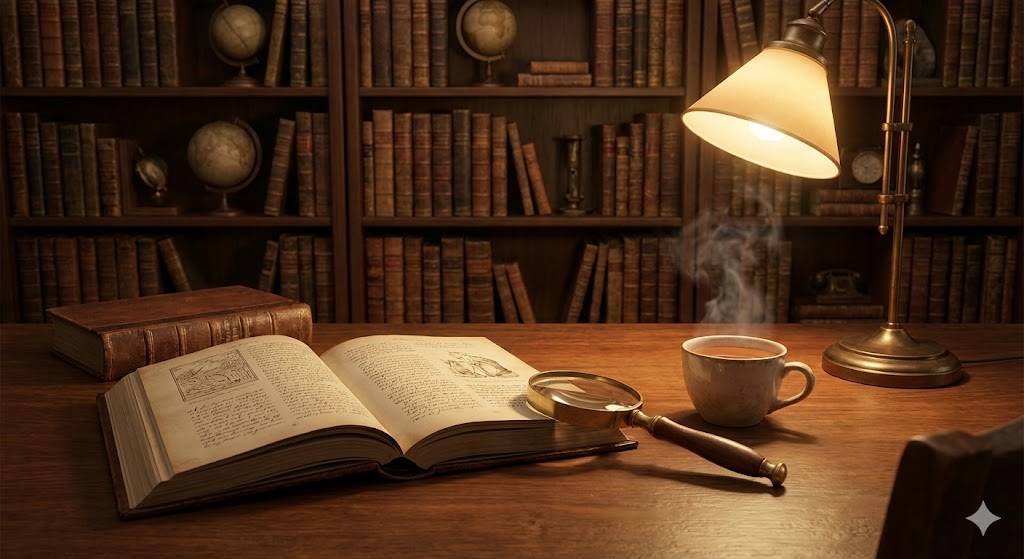 Уютное рабочее место историка с книгами и лупой 