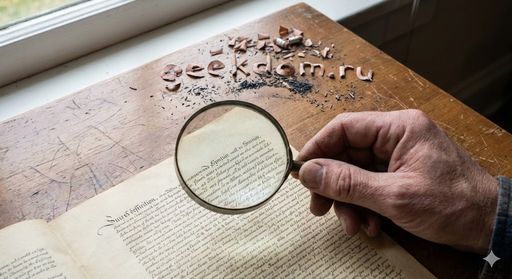 Вычитка исторического документа через лупу