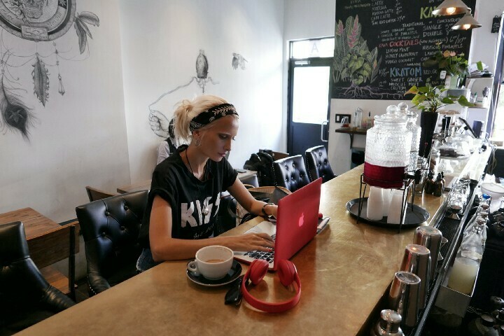Coworking, girl working in a cafe