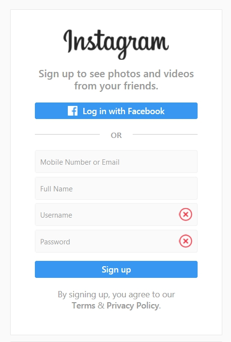 instagram sign up log in