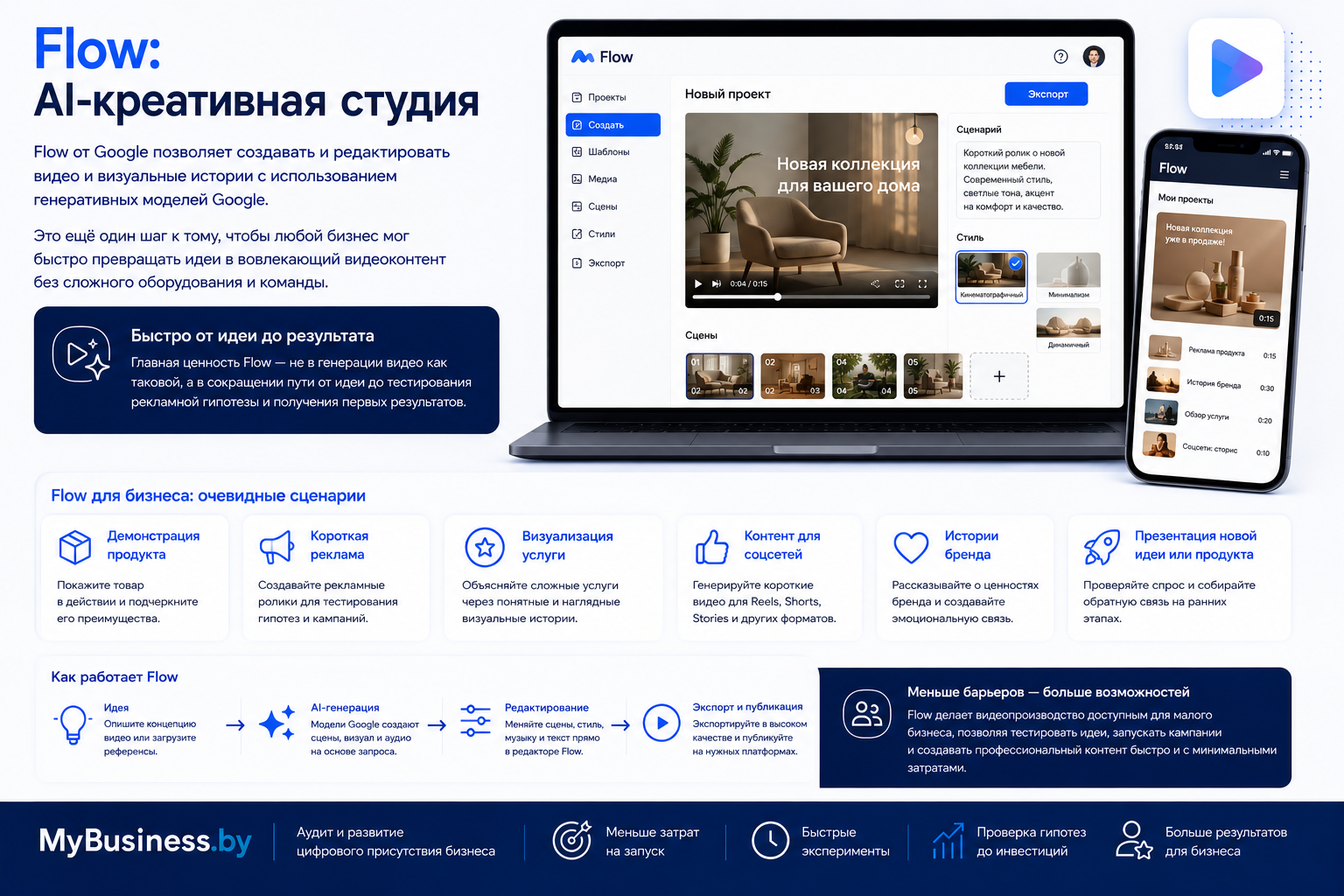 Google Flow для создания и редактирования видео и визуального контента для бизнеса