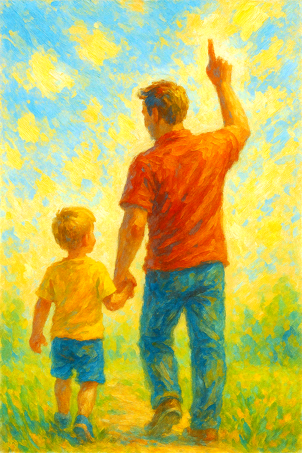 Рисунок «Стань примером»: идеи, папа и ребенок, светлый рисунок яркий красками