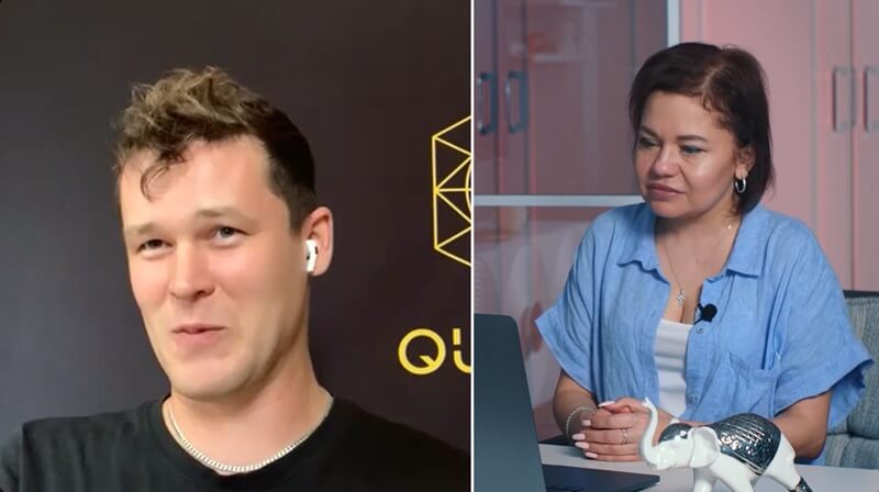 Rinat Mingazdinov speaking with the host during a video interview about tattooing — 618
