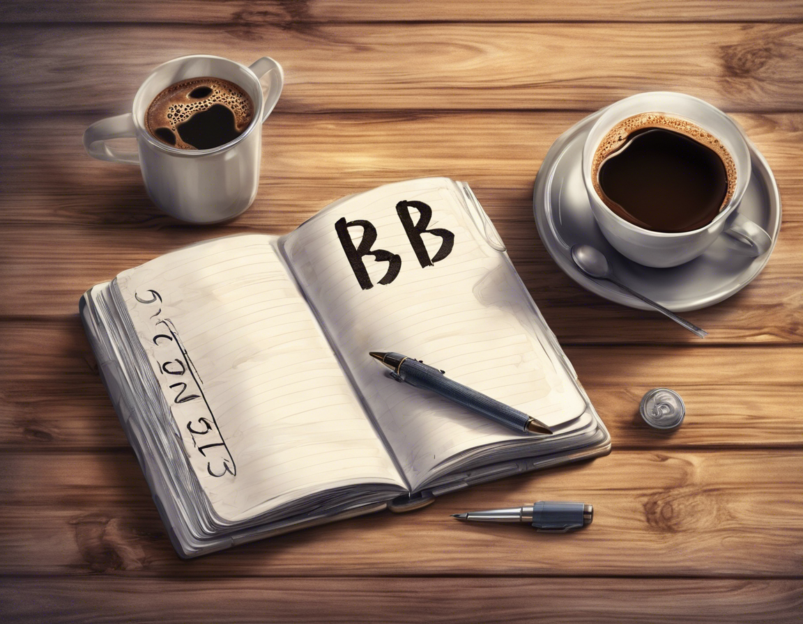 открытый блокнот с ручкой и чашкой кофе на деревянном столе, на странице видны слова B2B и B2C