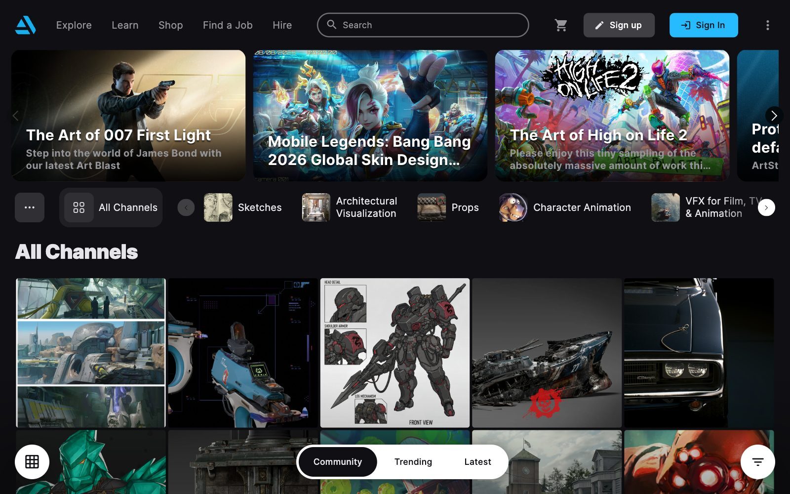 Screenshot of the ArtStation homepage with featured art blasts, channels such as Sketches, Architectural Visualization, Props and Character Animation, and a grid of community artwork
