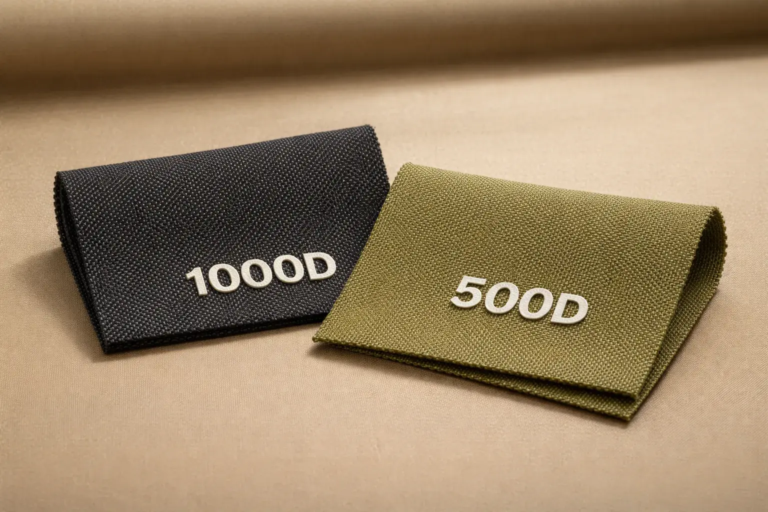 Сравнение тканей Cordura 1000D и 500D: два образца ткани крупным планом на нейтральном фоне, слева более грубая фактура 1000D, справа более гладкая 500D.