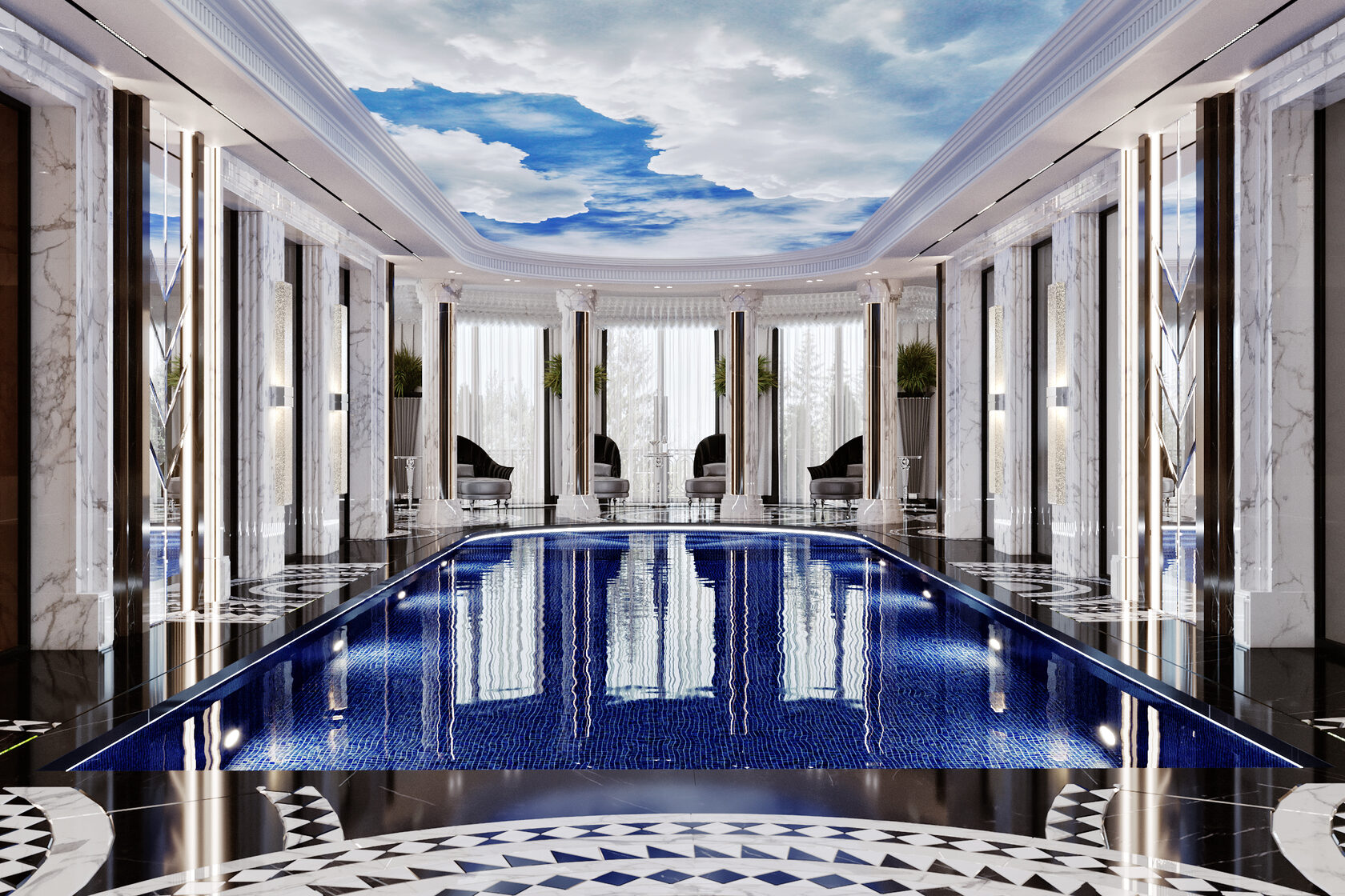 Дизайн интерьера бассейна в стиле ар-деко