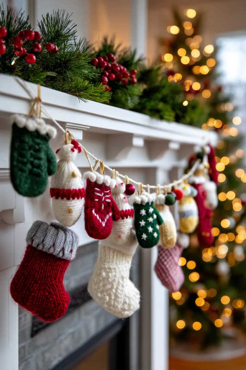 гирлянда из войлочных варежек, носков и крошечных шапочек праздничных цветов 1