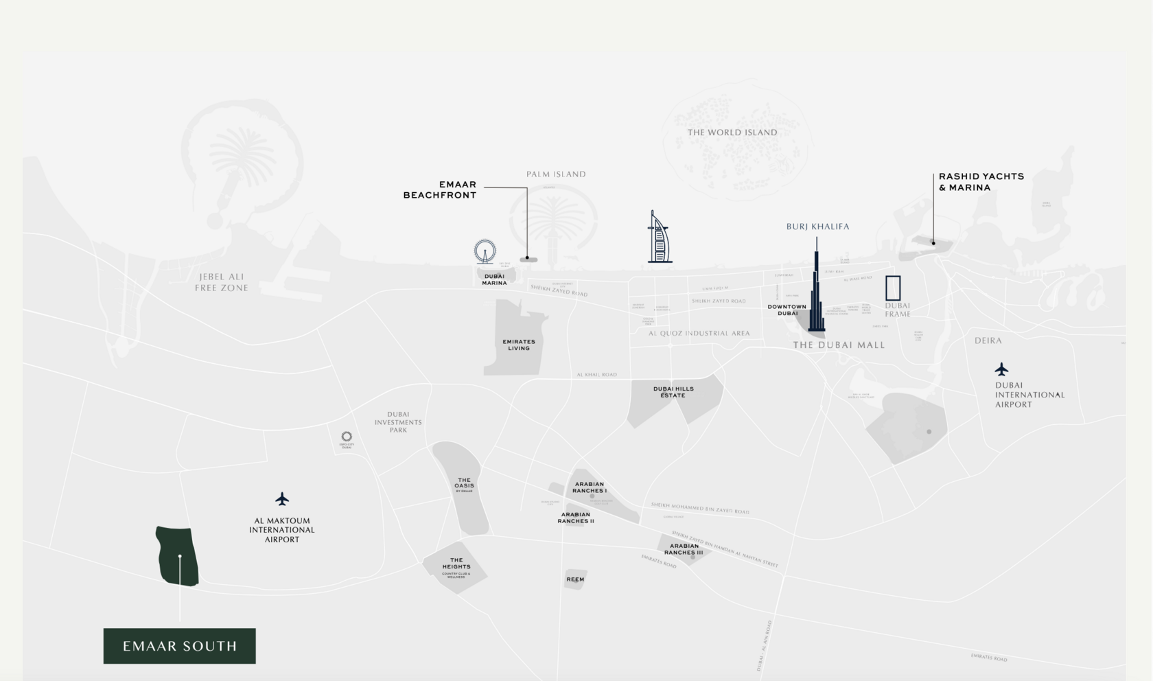 Map of the Dubai will pinpointed and highlighted all Dubai major areas, including Emaar South