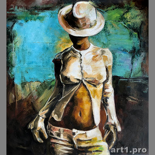 картина маслом на холсте бирюзовый ню эротика девушка в шляпе в интерьере страсть art1.pro 