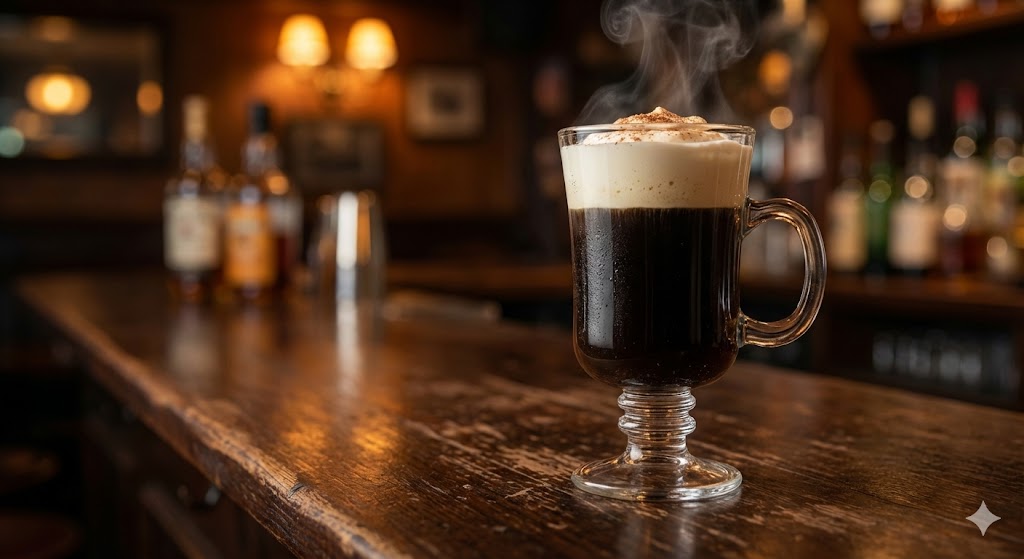 Классический бокал ирландского кофе со сливками на барной стойке в уютном пабе