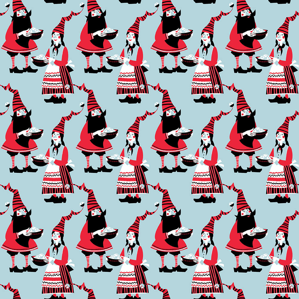 Гном и гномиха с миской с рождественской кашей. Паттерн