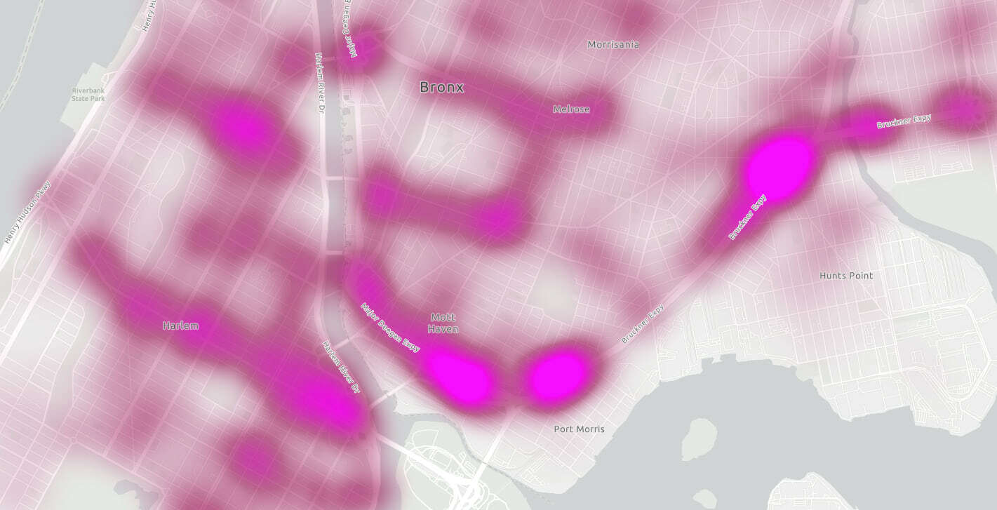 The density renderer calculated for the entire city of New York is inappropriate when viewing at a larger scale, like this one. Parts of the heatmap creep into areas where crashes cannot occur.