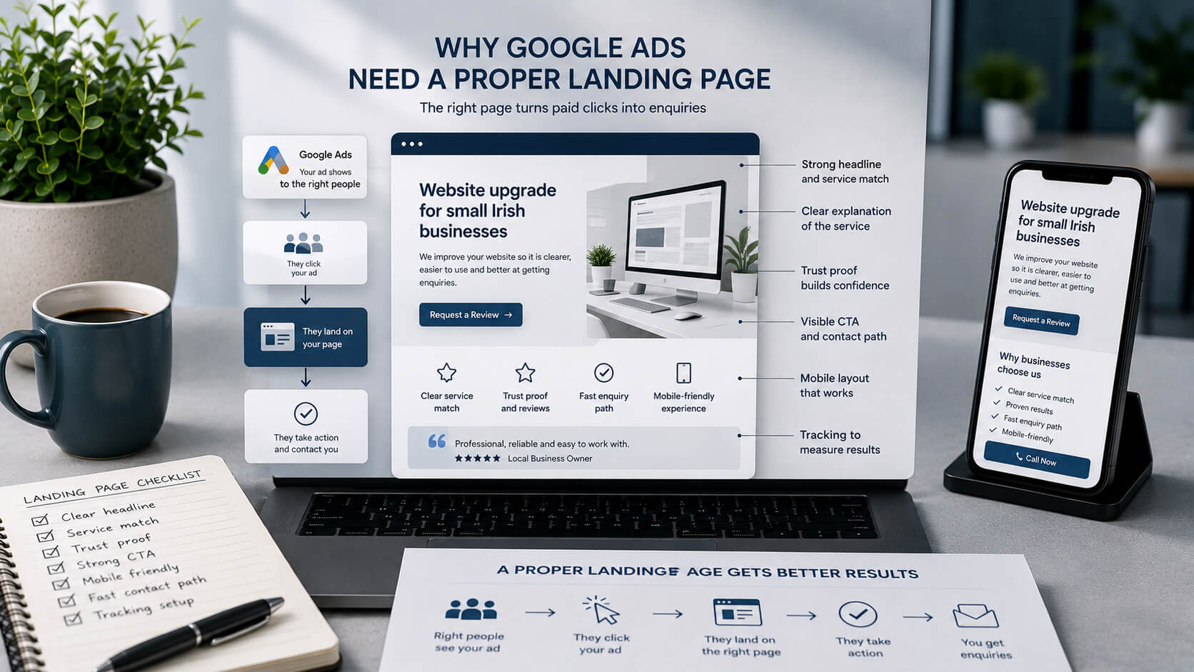Abstract Google Ads landing page concept showing paid traffic going to a focused service page with trust proof CTA and tracking basics.