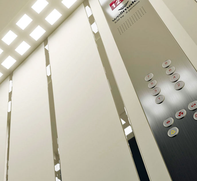 Купить лифт wellmaks стандарт Т100 вид изнутри кабины с улучшенными характеристиками для административных и жилых помещений