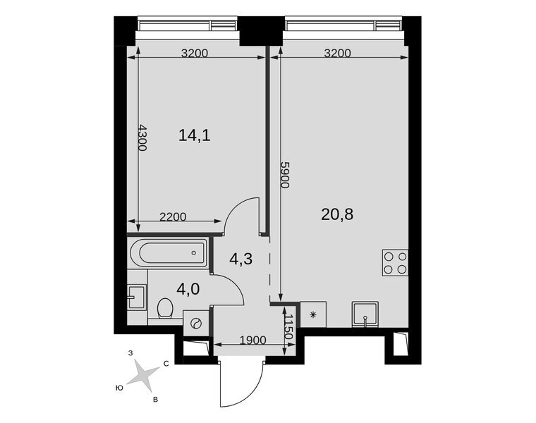 Планировка 1-комнатной квартиры 43,2 м² в ЖК «Амбер Сити»: корпус 6, секция 1, 21-й этаж