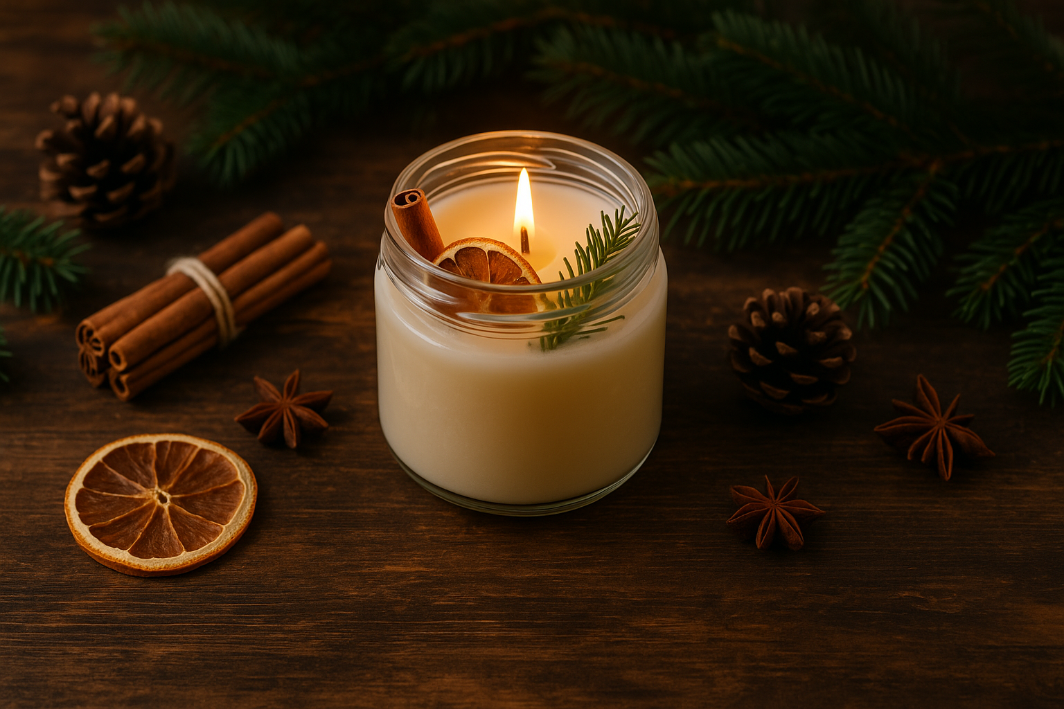 свеча в стеклянной форме с корицей, сушёным апельсином и веточкой ели