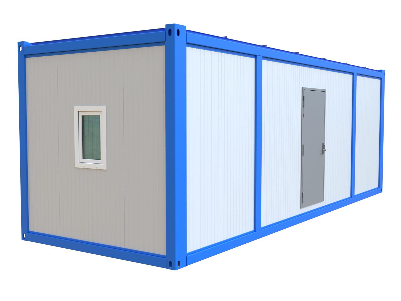  синий бытовой вагончик с дверью и окном