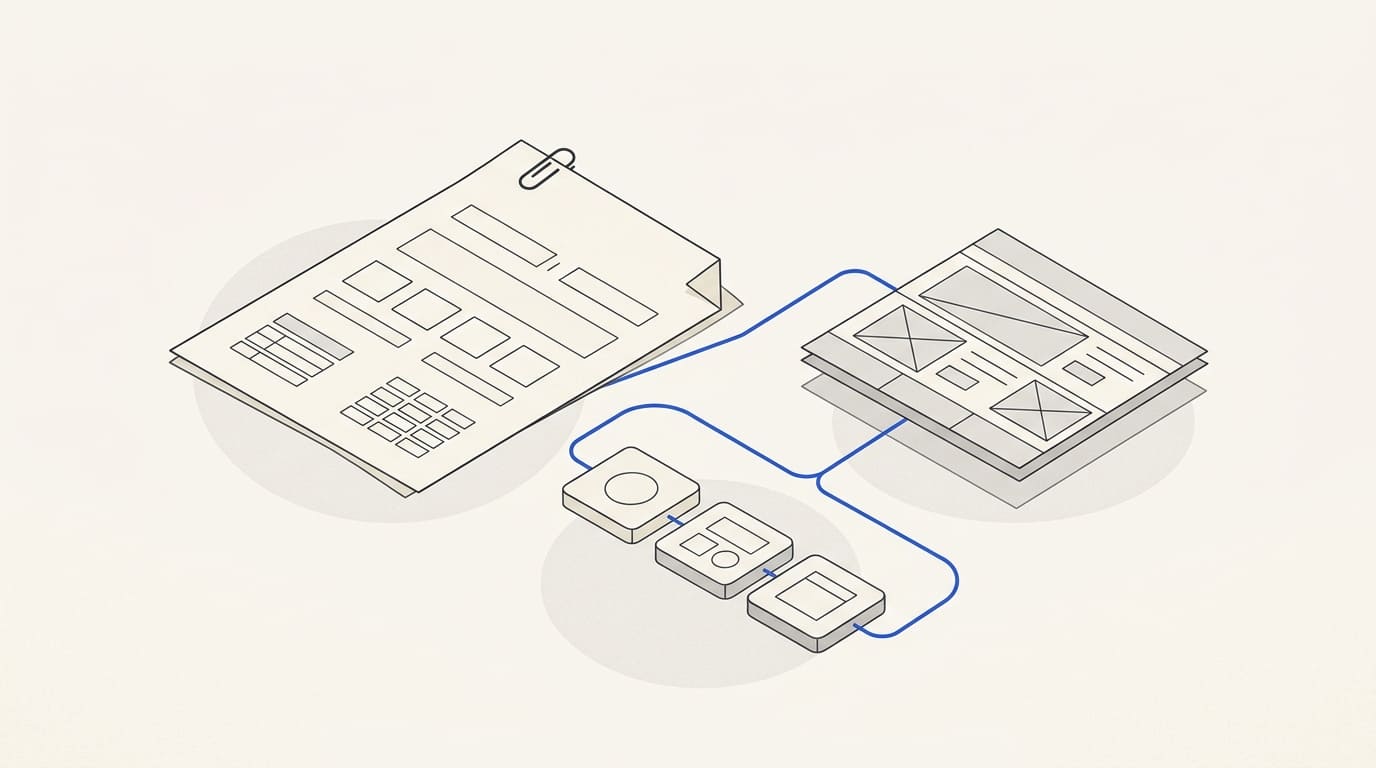 A briefing sheet, three input tiles and a website wireframe connected by a blue line.