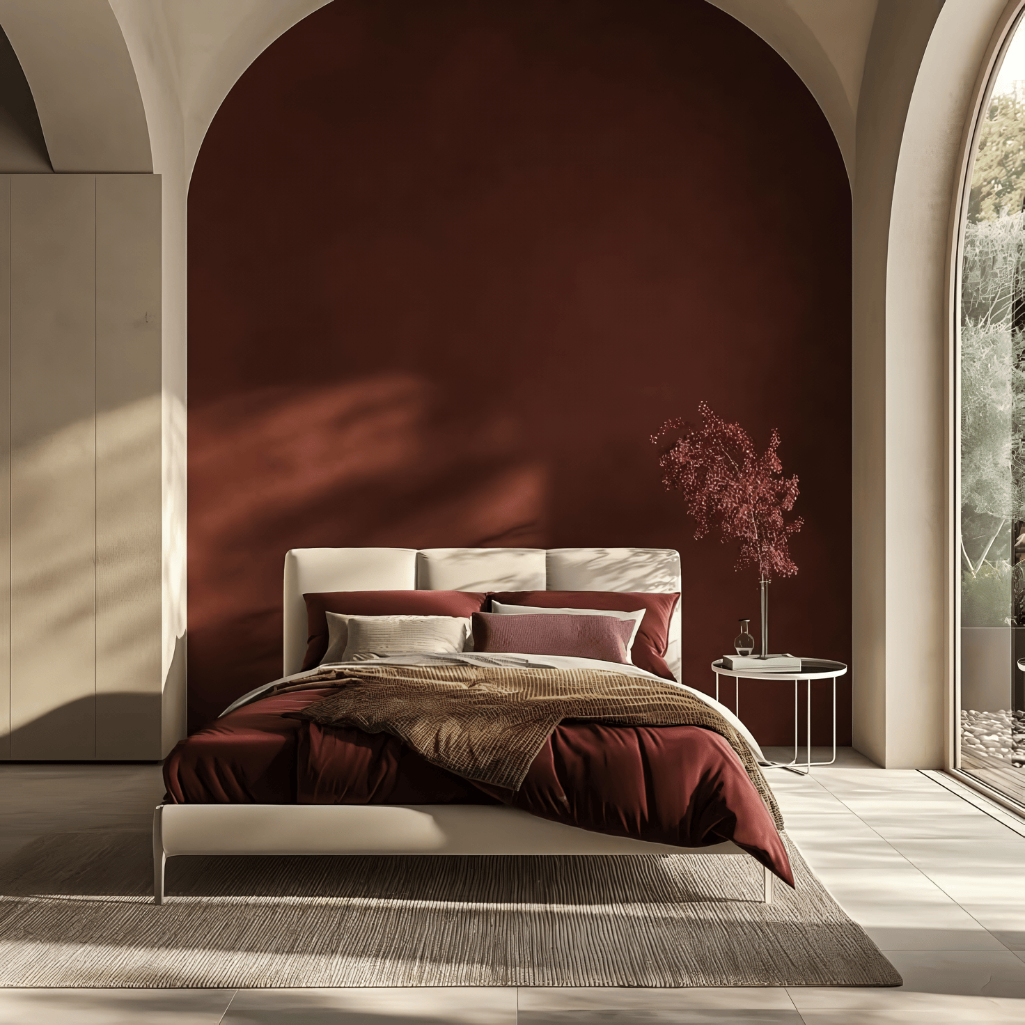 Глубокий терракотовый оттенок в интерьере спальни