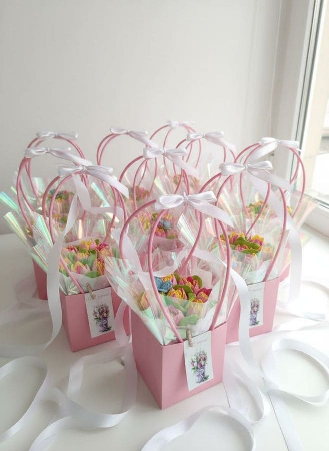 Тюльпаны из зефира в сумочке с ручками 11×11×13см 1