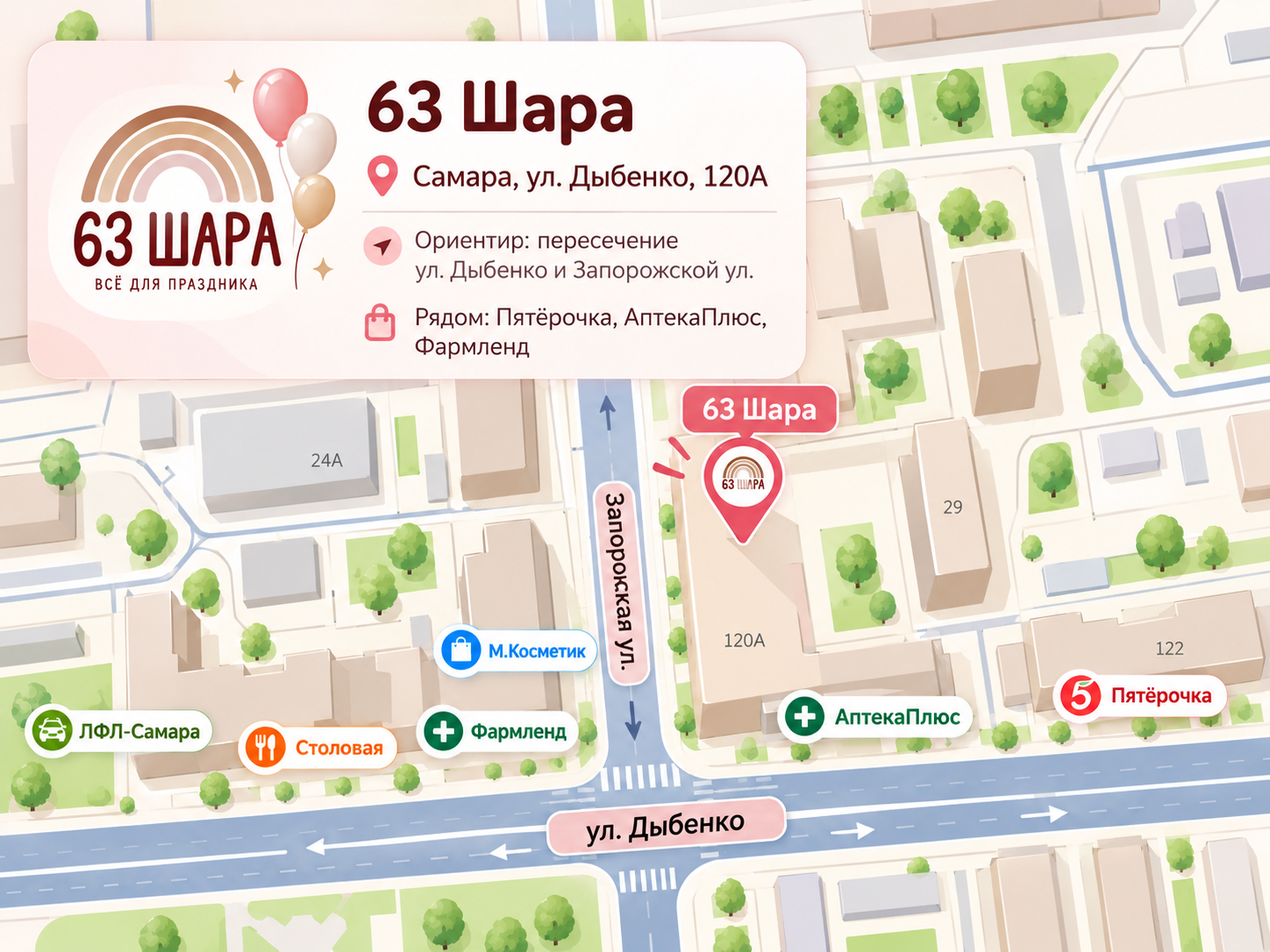 Схема проезда к студии 63 Шара в Самаре на улице Дыбенко, 120А
