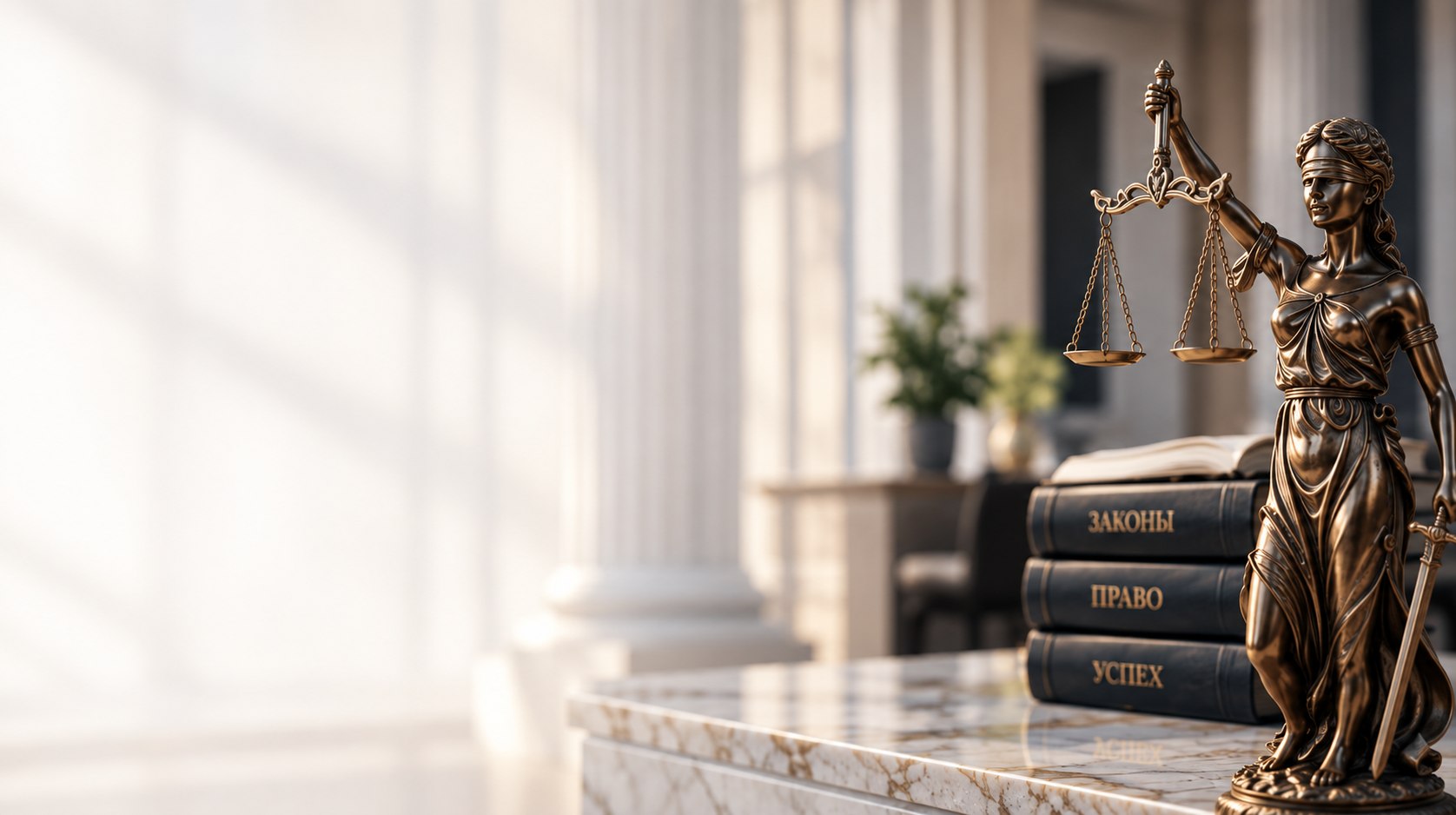 Статуя богини правосудия с весами на фоне книг по праву