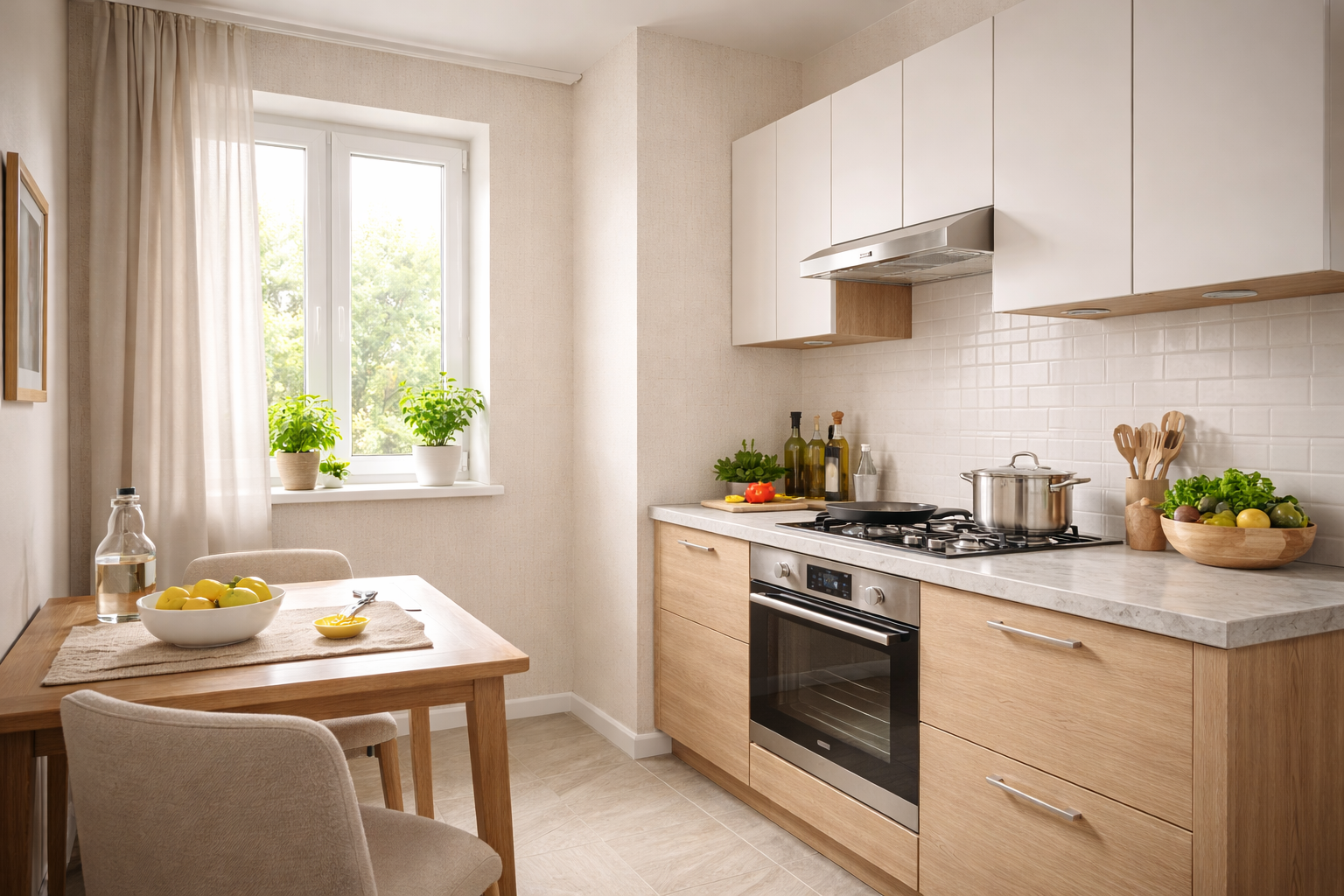 Светлые обои с мелкой текстурой в маленькой кухне — визуально увеличивают пространство и делают интерьер светлее